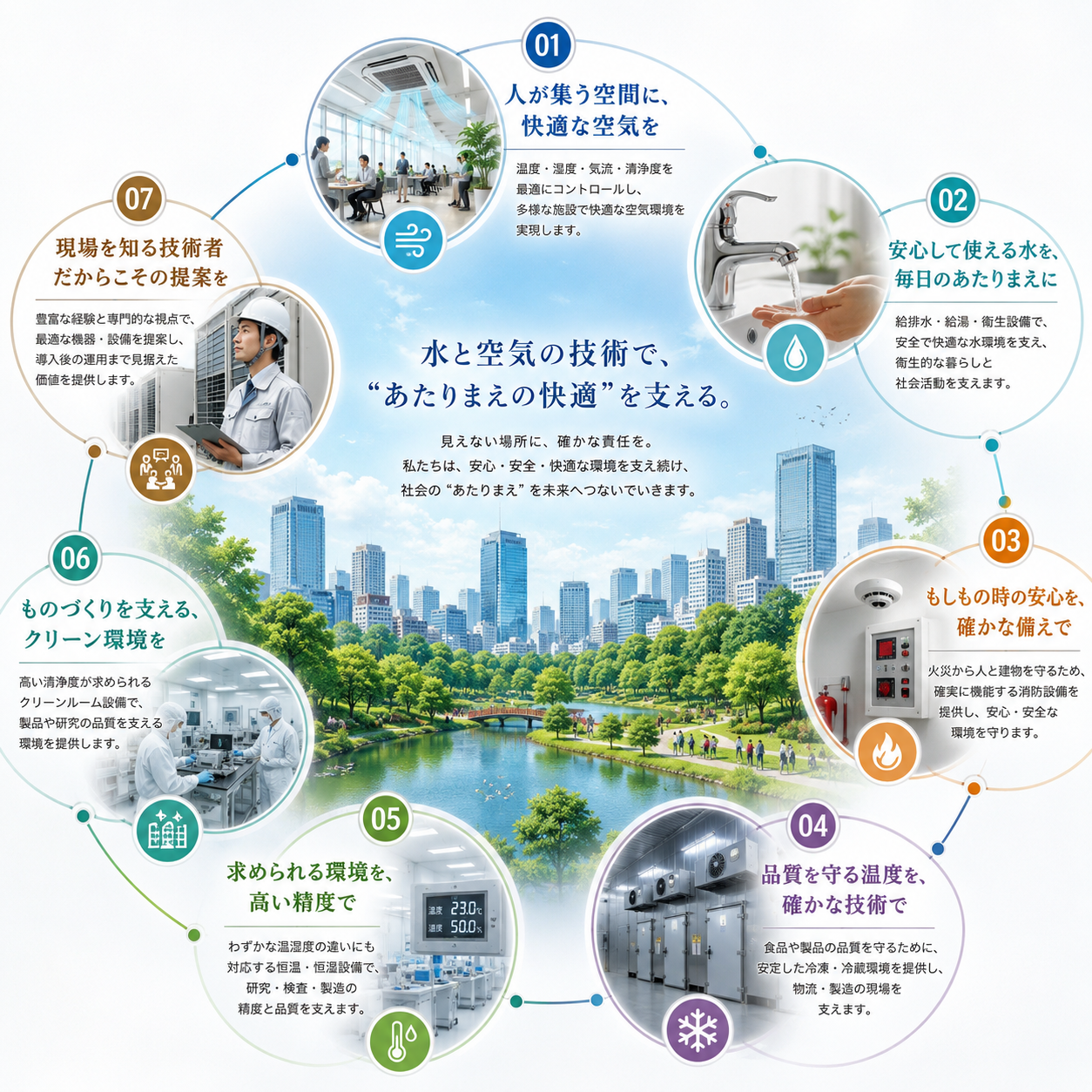 水と空気の技術であたりまえの快適を支える、6つの事業・サービスと提供価値の関係図
